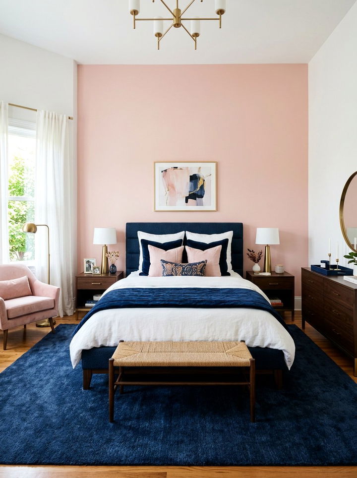 Blush pink and navy bedroom - 30 blush pink accent wall bedroom