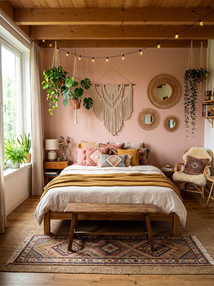 Blush pink boho bedroom - 30 blush pink accent wall bedroom