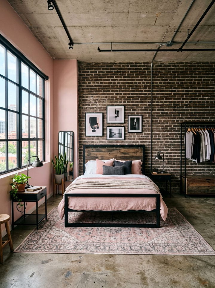 Blush pink industrial bedroom - 30 blush pink accent wall bedroom