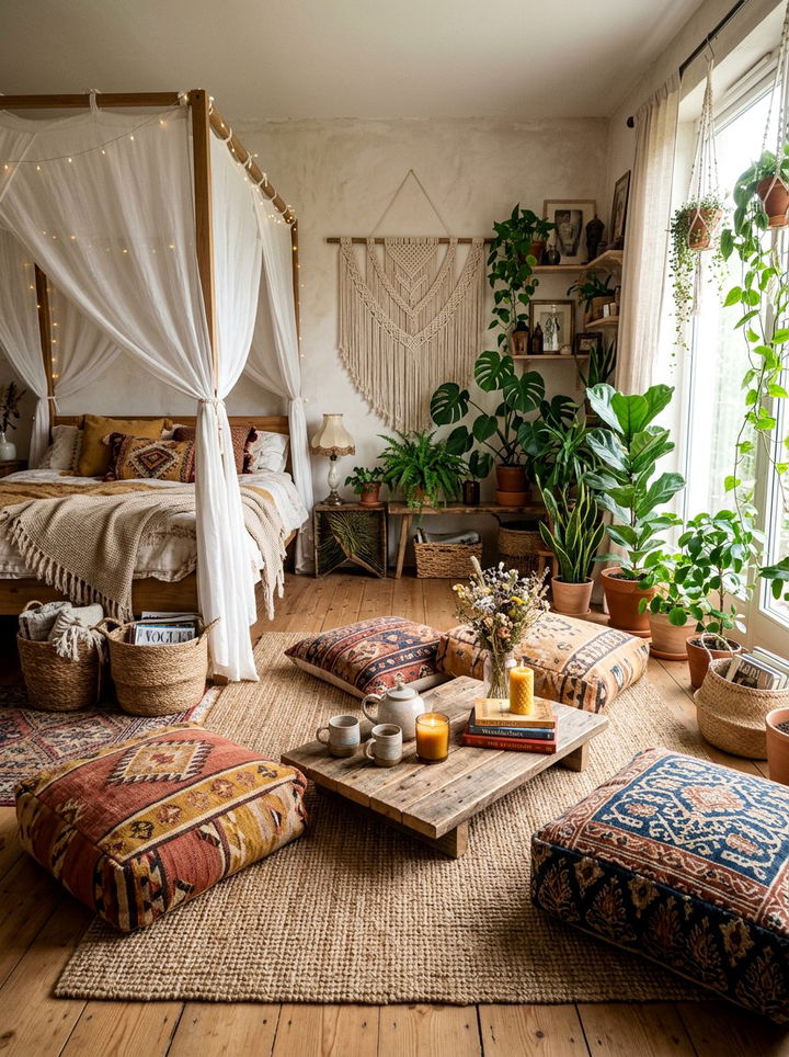 Bohemian Bedroom With Floor Cushions - 30 bedroom with lounge ideas
