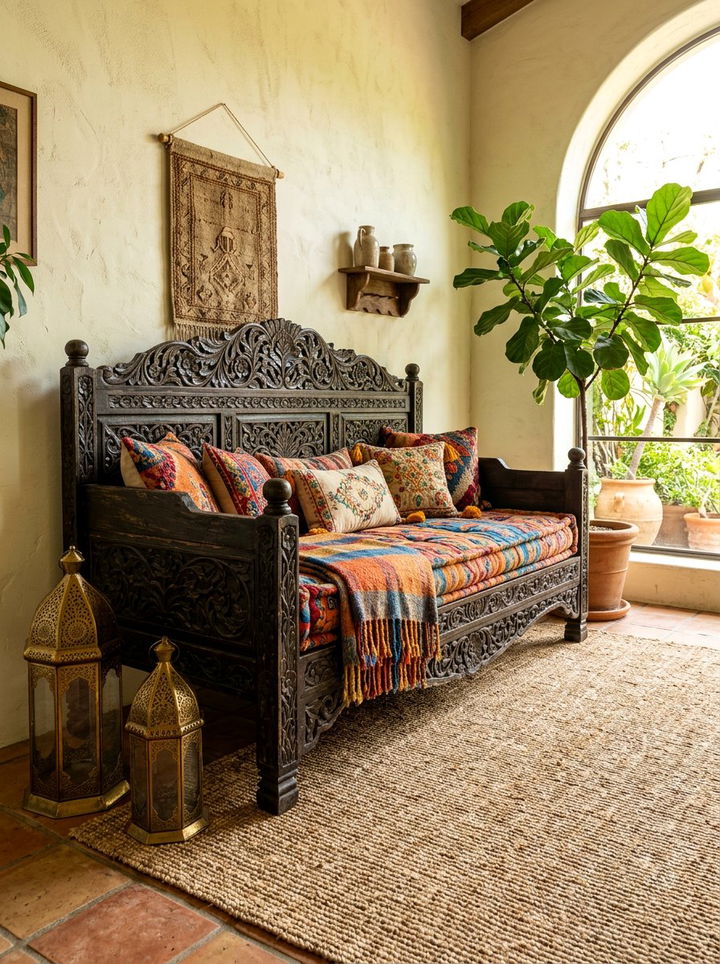 Bohemian Carved Wood Daybed - 30 bedroom daybed ideas