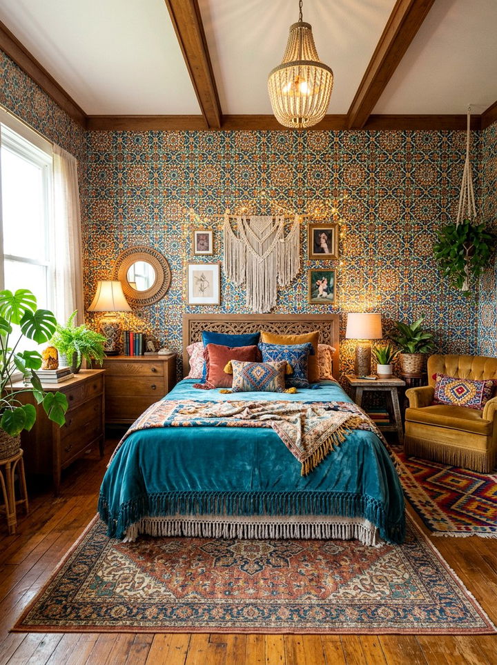 Bohemian Geometric Print Wall - 30 bedroom geometric wallpapers