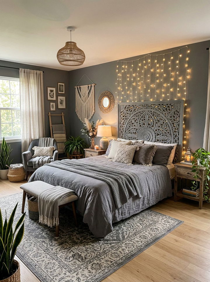 Bohemian Grey Bedroom With Fairy Lights - 30 bohemian grey bedroom ideas