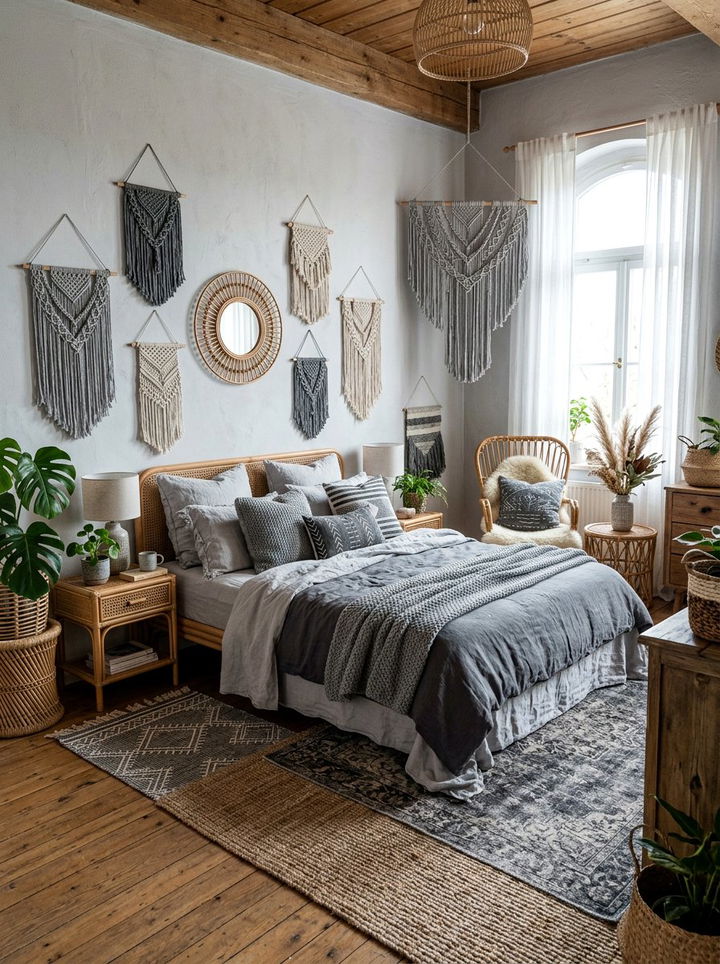 Bohemian Grey Layered Bedroom - 30 grey bedroom decor ideas