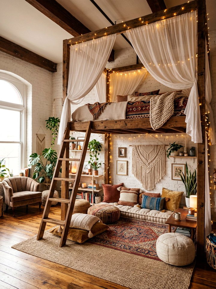 Bohemian Loft Bed With Curtains - 30 bedroom loft bed ideas