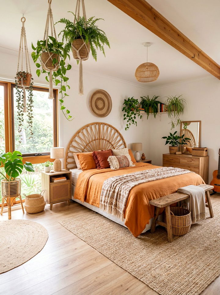 Bohemian Orange Rattan Bedroom - 30 orange bedroom ideas