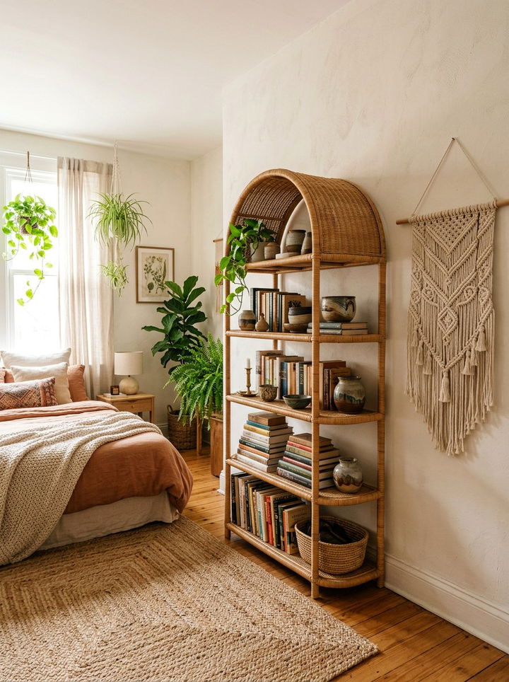 Bohemian Rattan Shelving Unit - 30 bedroom bookshelf ideas