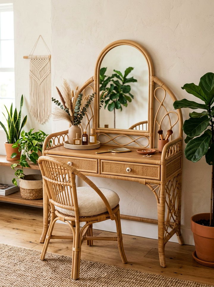 Bohemian Rattan Vanity Table - 30 bedroom modern vanity designs