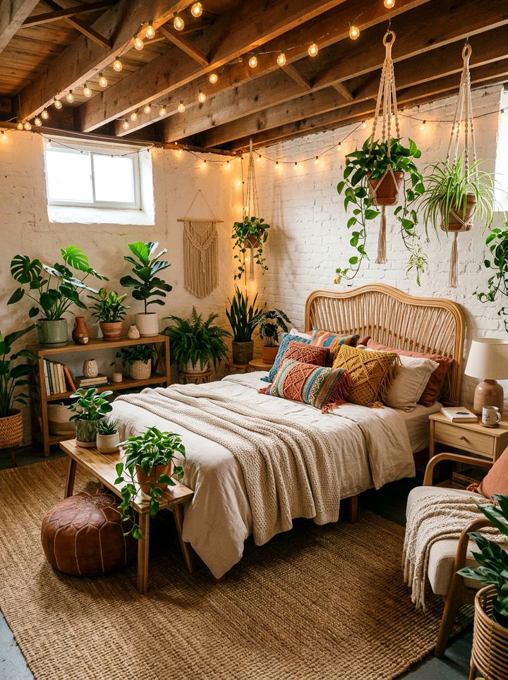 Bohemian Retreat With Plants - 30 basement bedroom ideas