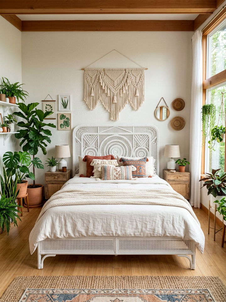 Bohemian White Cane Bed - 30 bedroom white furniture ideas