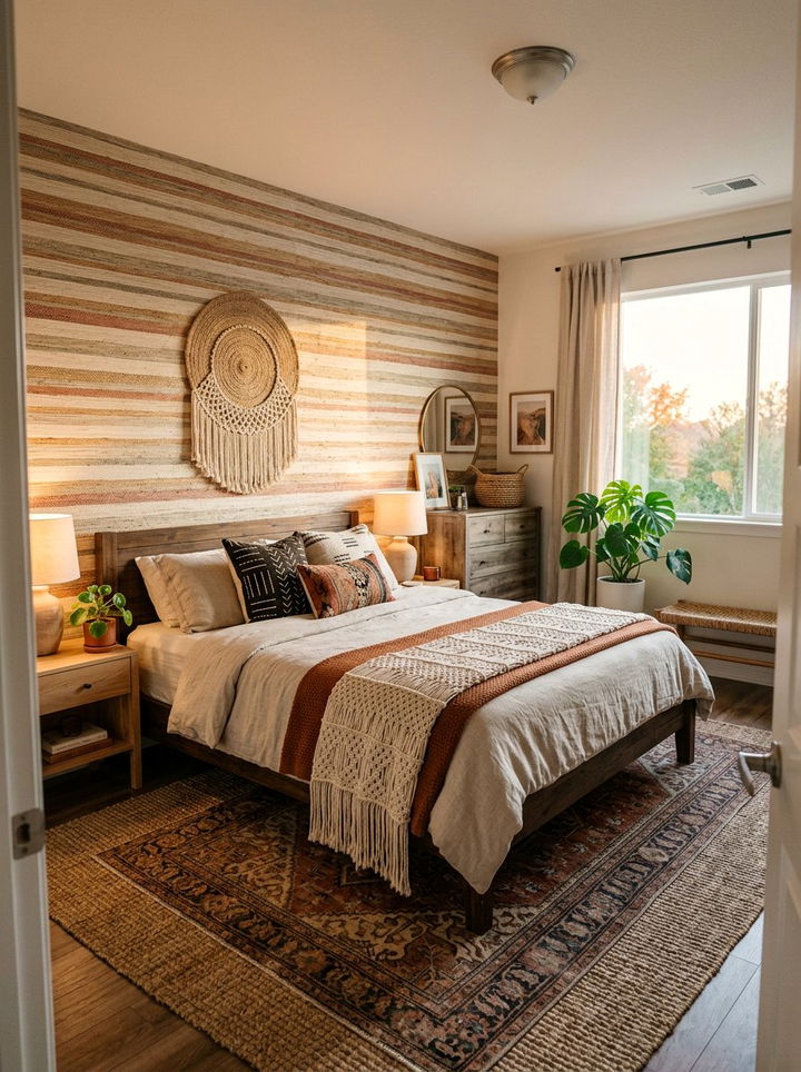 Bohemian textured striped wall - 30 bedroom striped wall ideas