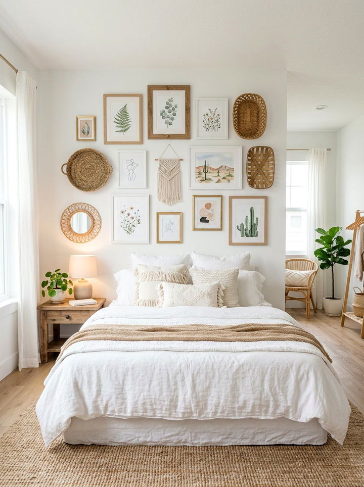 Boho Gallery Wall - 30 bohemian white bedroom ideas