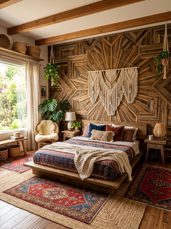 Boho Geometric Wood Wall - 30 bedroom geometric wall designs