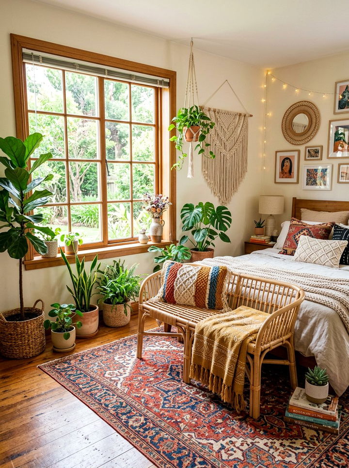 Boho Rattan Bench - 30 rattan bedroom ideas