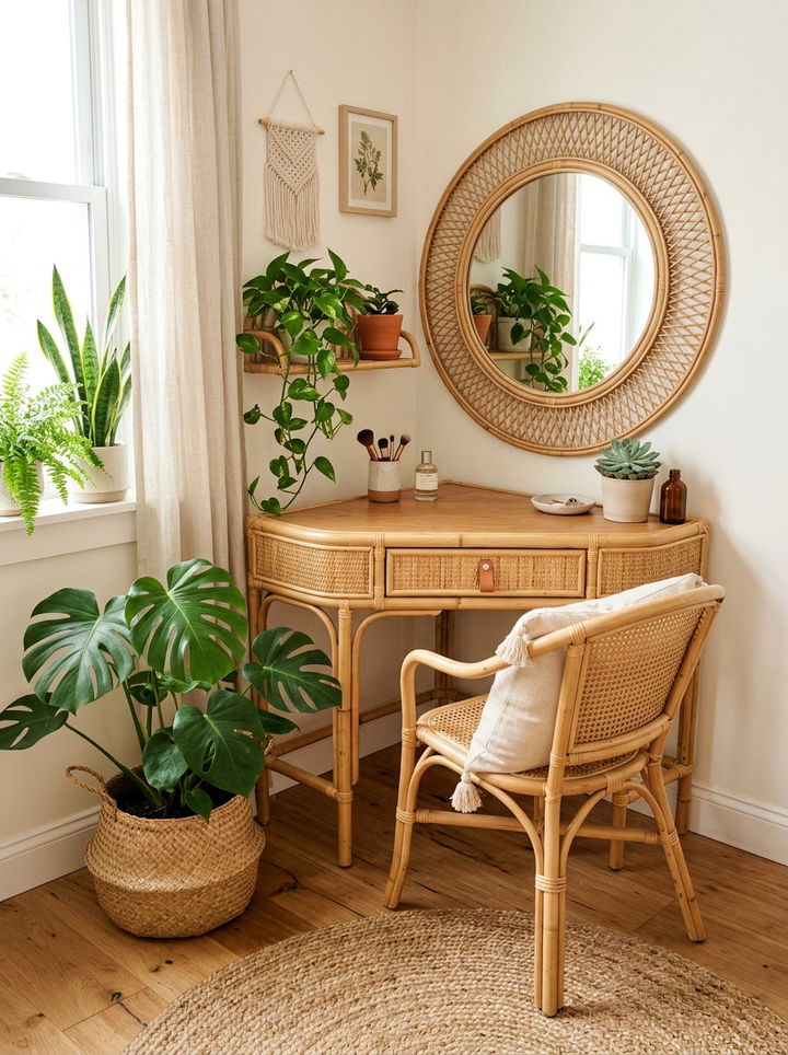Boho Rattan Corner Vanity - 30 bedroom corner vanity ideas