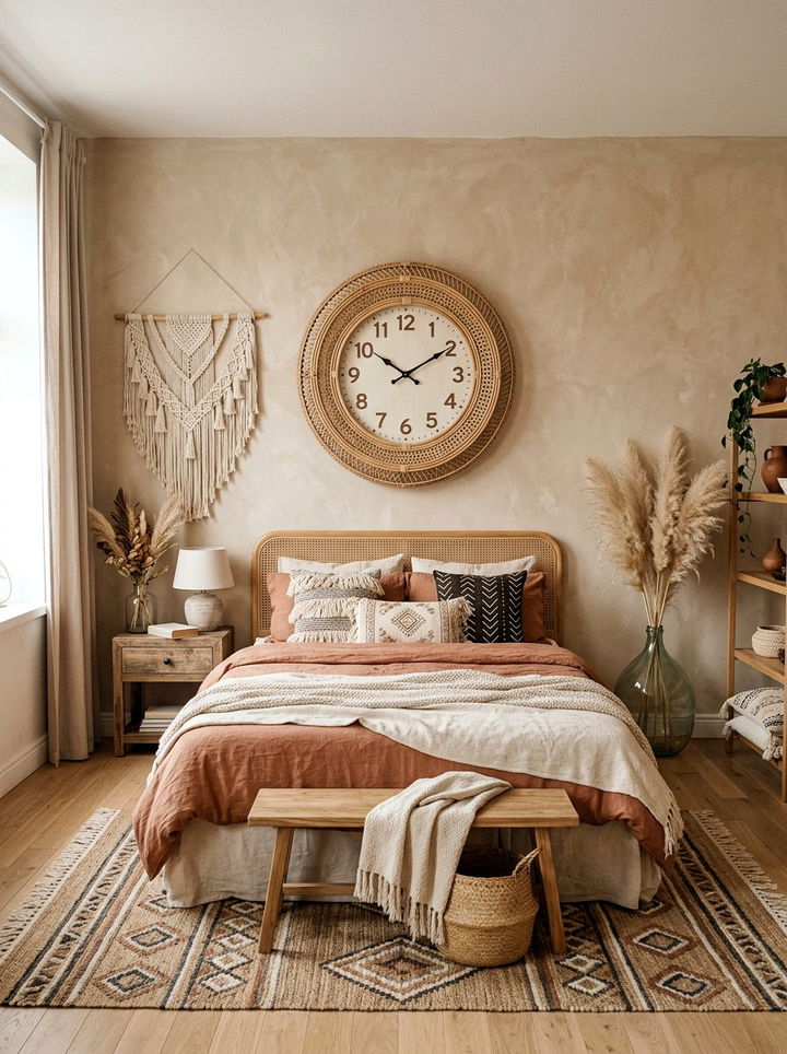 Boho Rattan Wall Clock - 30 bedroom clock ideas