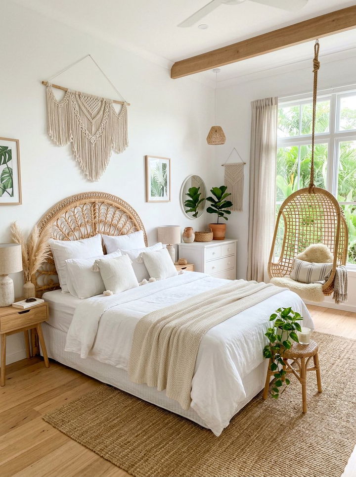 Boho Rattan White Bedroom - 30 white and wood bedroom color combo