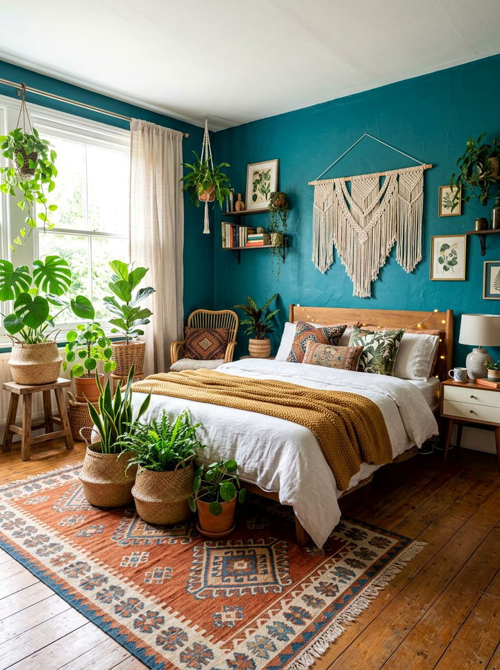 Boho Teal Bedroom With Plants - 30 teal bedroom decor ideas