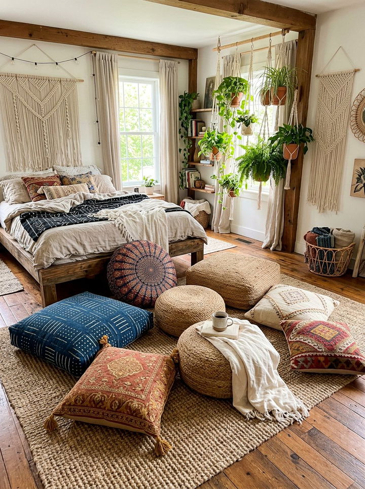 Boho bedroom floor cushions - 30 bedroom with sitting area ideas