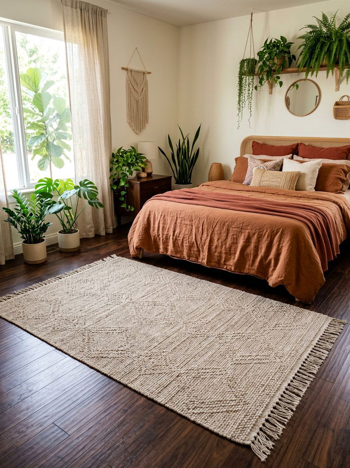 Boho beige textured rug - 30 rust and beige bedroom ideas