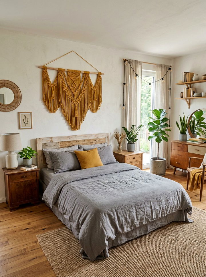 Boho gray bedroom yellow macrame - 30 gray yellow bedroom ideas