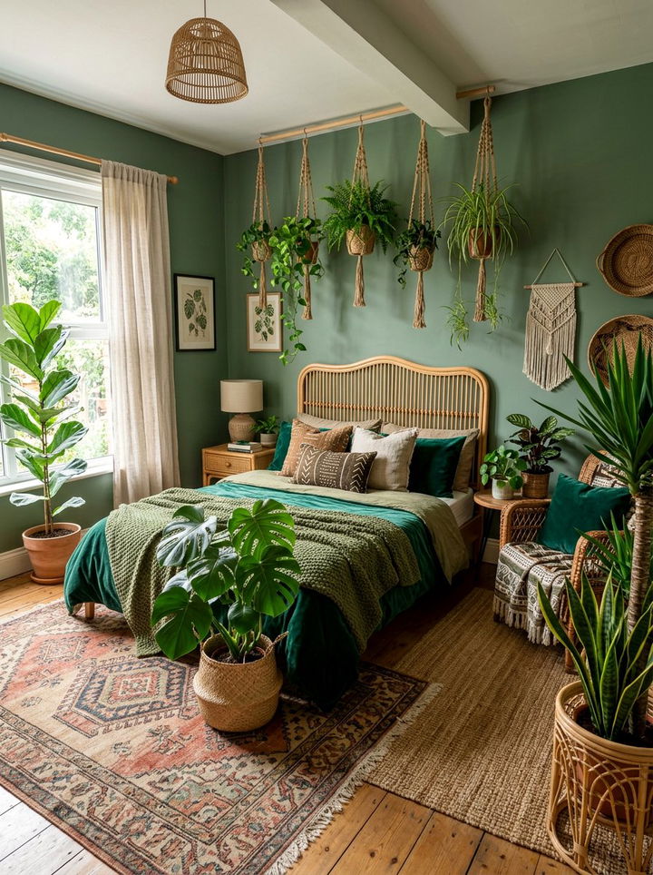 Boho green bedroom with plants - 30 botanical green bedroom ideas