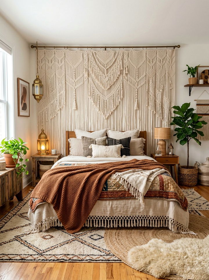 Boho macrame curtain wall decor - 30 bedroom macrame wall hangings