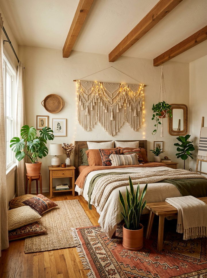 Boho macrame string lights - 30 bedroom string lights ideas
