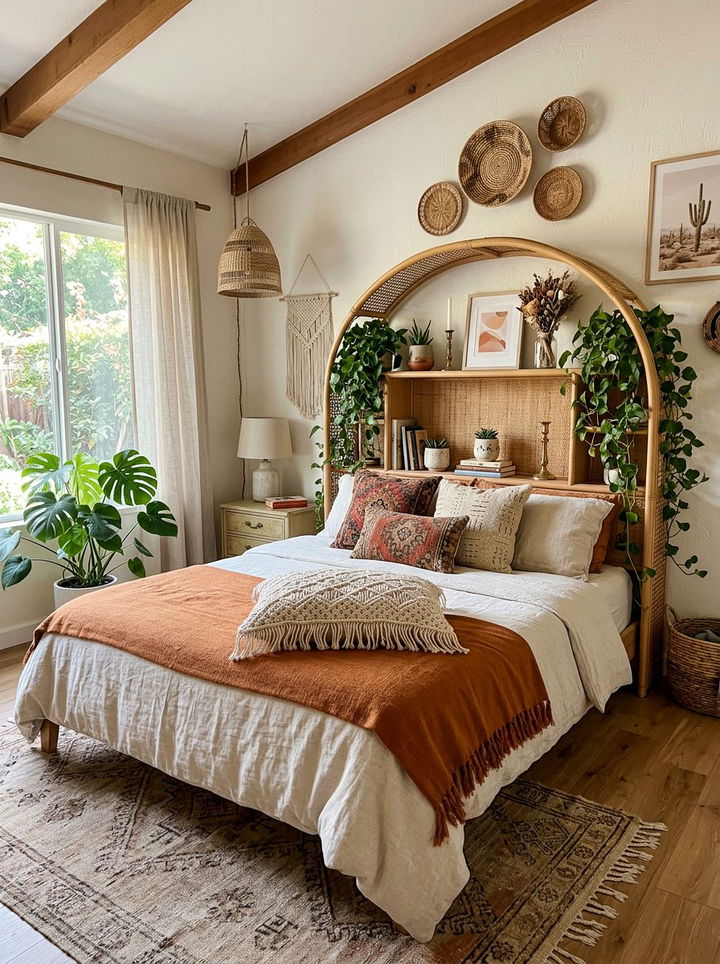 Boho rattan shelf headboard - 30 bedroom bookcase headboards