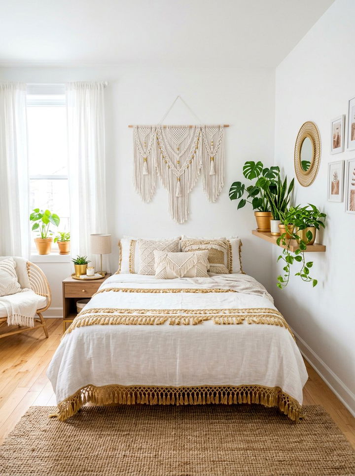 Boho white bedroom with gold decor - 30 gold and white bedroom ideas