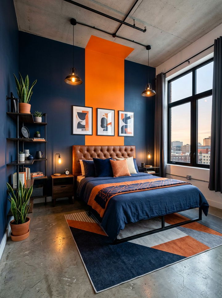 Bold orange and navy bedroom - 30 bedroom color blocking ideas