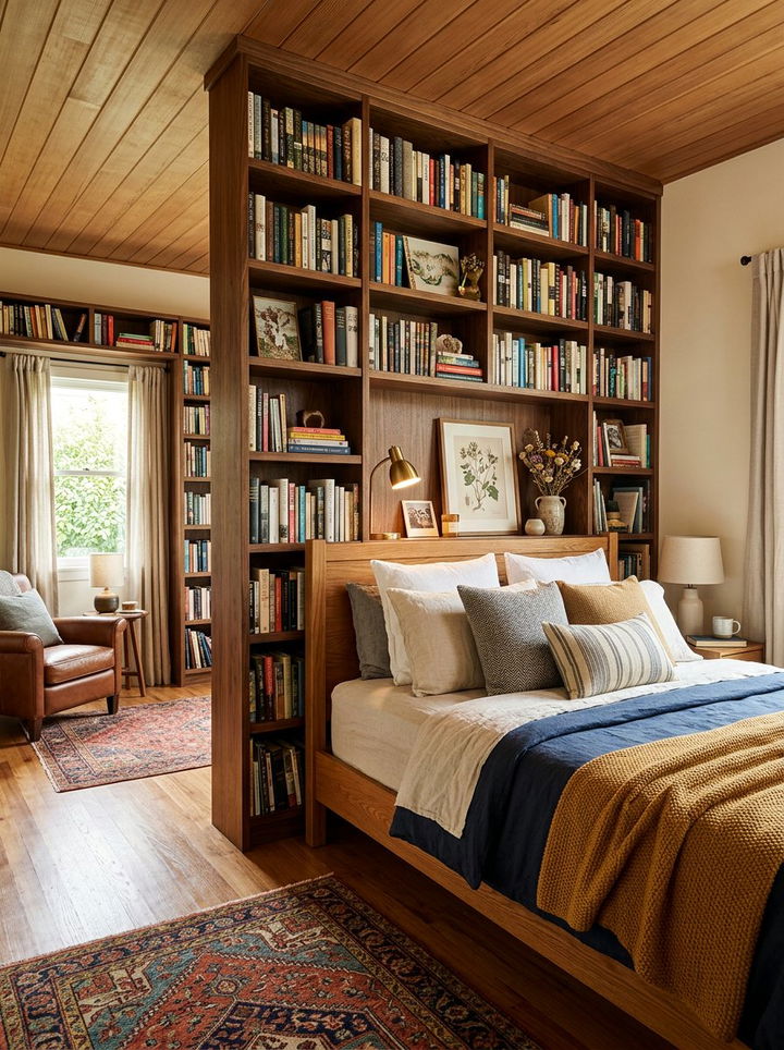 Bookshelf As Headboard Partition - 30 bedroom furniture arrangement