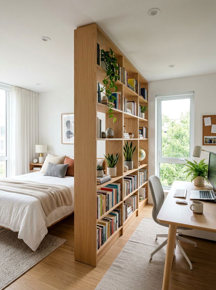 Bookshelf Room Divider - 30 bedroom office combo ideas