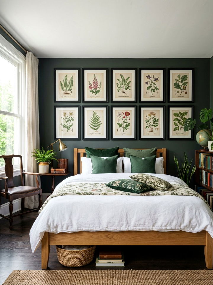 Botanical Print Wall Decor - 30 dark academia bedroom ideas