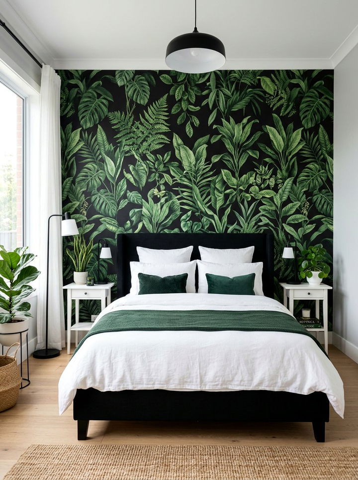 Botanical Wallpaper Green Black Room - 30 forest green and black bedroom ideas