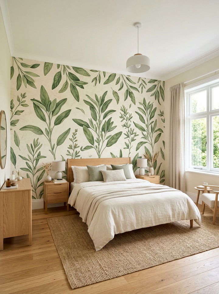 Botanical Wallpaper Mural - 30 sage green and cream bedroom ideas