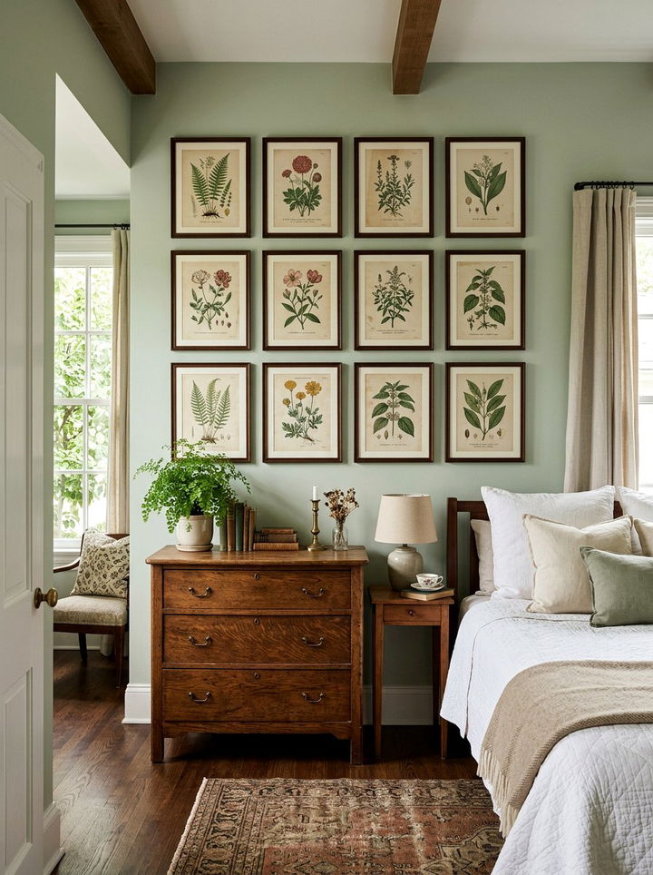 Botanical gallery wall - 30 grandmillennial bedroom ideas