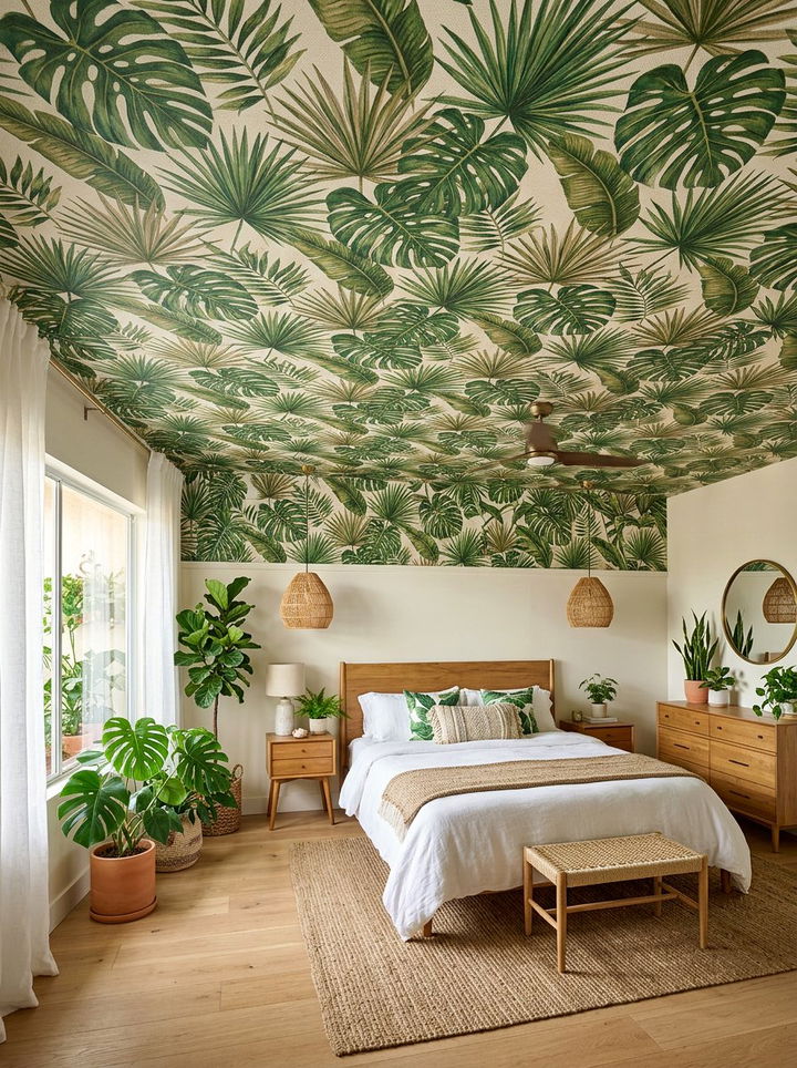 Botanical leaf ceiling wallpaper - 30 bedroom ceiling wallpapers