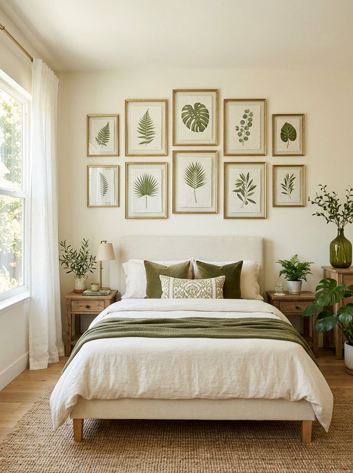 Botanical wall art - 30 olive and cream bedroom ideas
