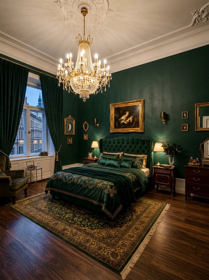 Bottle Green Walls Gold Chandelier - 30 green and gold bedroom color combo