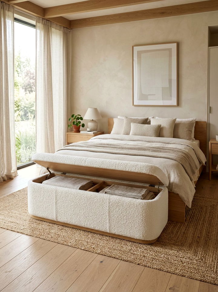 Boucle storage bench ottoman - 30 bedroom ottomans