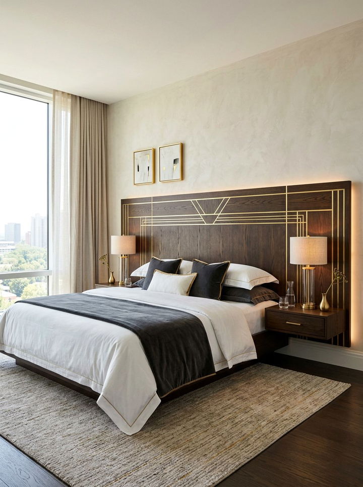 Brass Inlay Floating Headboard - 30 bedroom floating headboard ideas