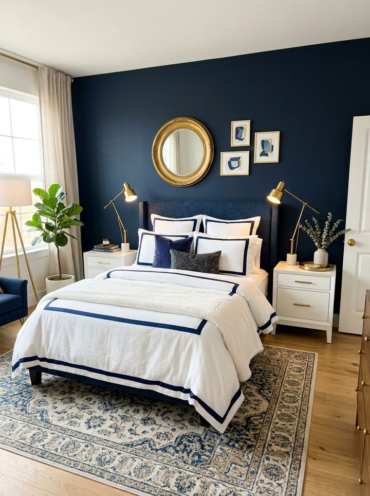 Brass accents in indigo bedroom - 30 indigo and white bedroom ideas