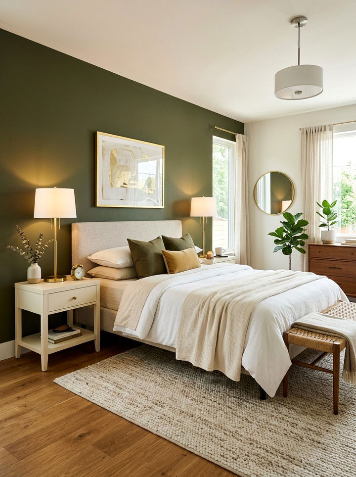 Brass bedside lamps - 30 olive and cream bedroom ideas