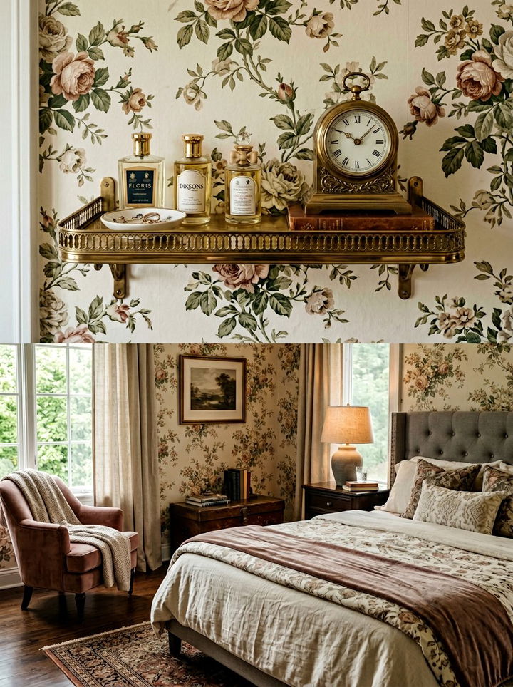 Brass gallery rail shelf - 30 grandmillennial bedroom ideas