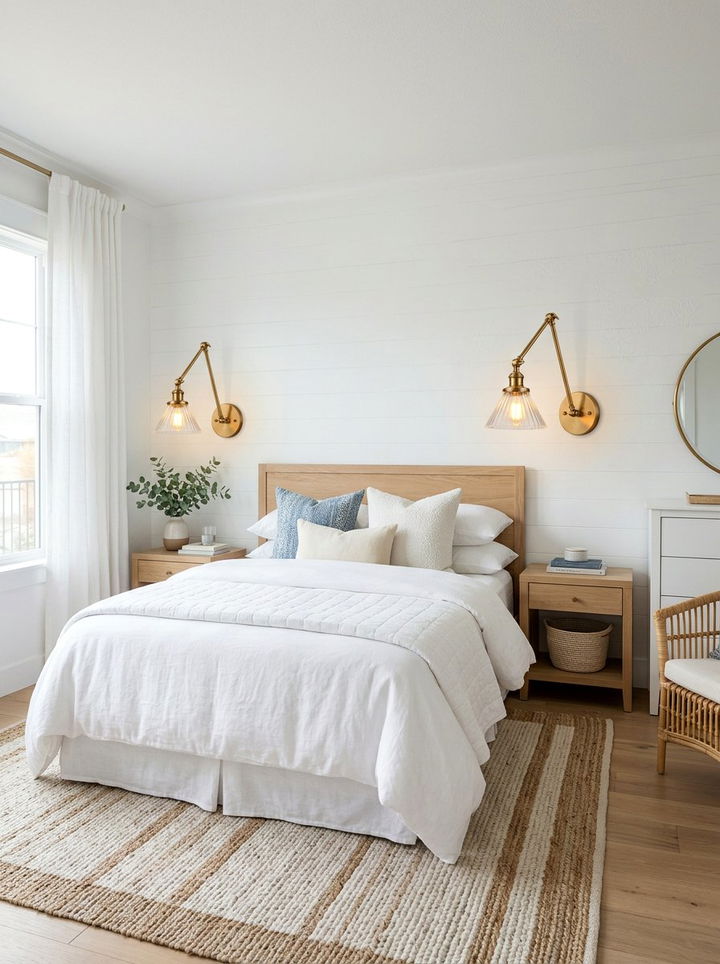 Brass lighting fixtures - 30 coastal white bedroom ideas