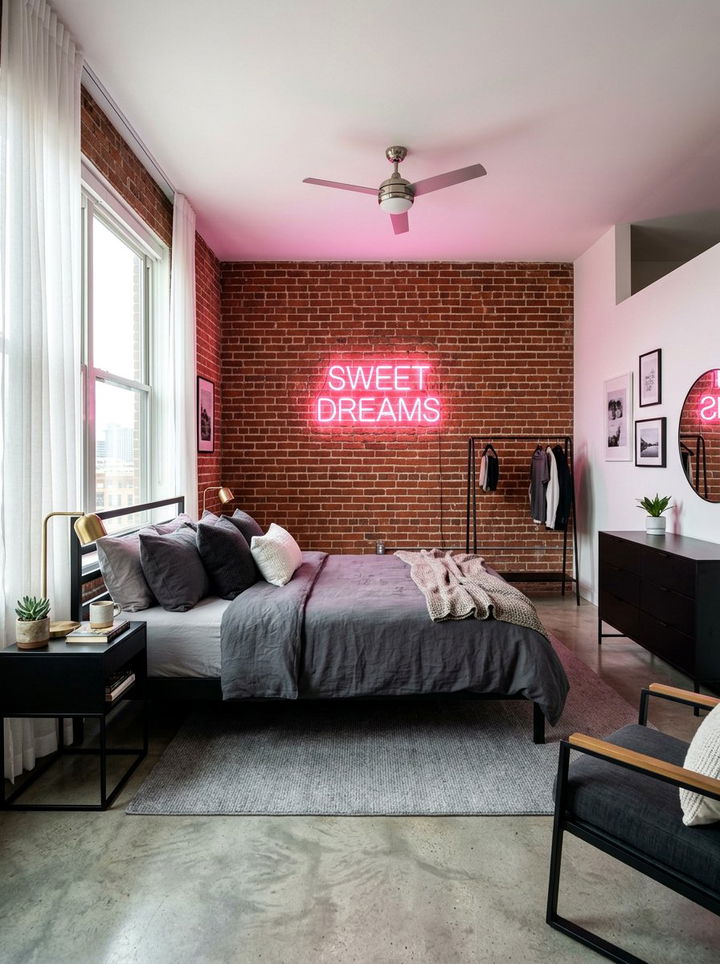 Brick Wall Neon Sign - 30 bedroom brick wall ideas
