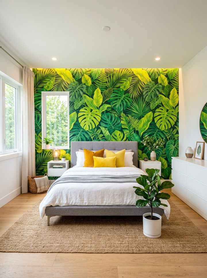 Bright Jungle Leaf Accent Wall - 30 bedroom tropical wallpapers