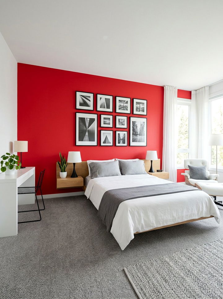 Bright Red Feature Wall - 30 colorful bedroom accent wall ideas