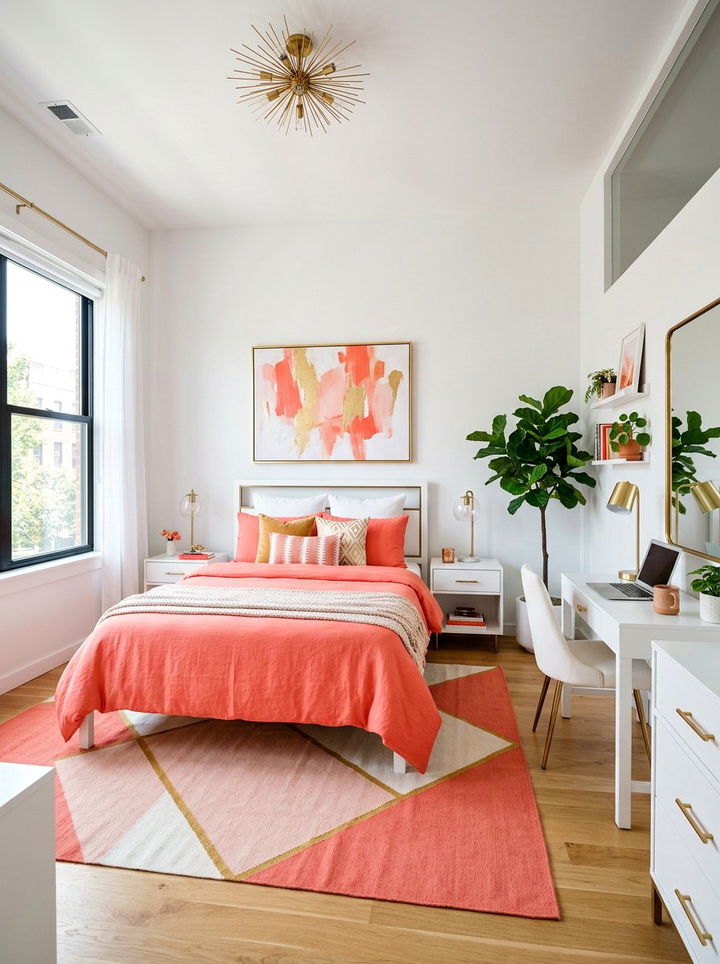 Bright coral and white bedroom setup - 30 orange and white bedroom ideas